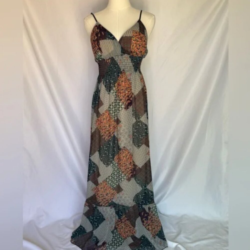 Blue Sketch Patchwork Floral Maxi Slip Dress in Brown & Green